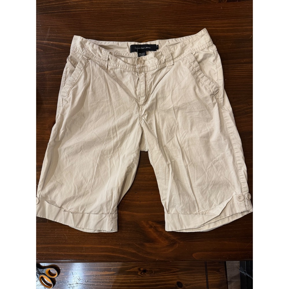 Calvin Klein Jeans Womens Beige Khaki Bermuda Shorts Cotton Cuffed Size 8